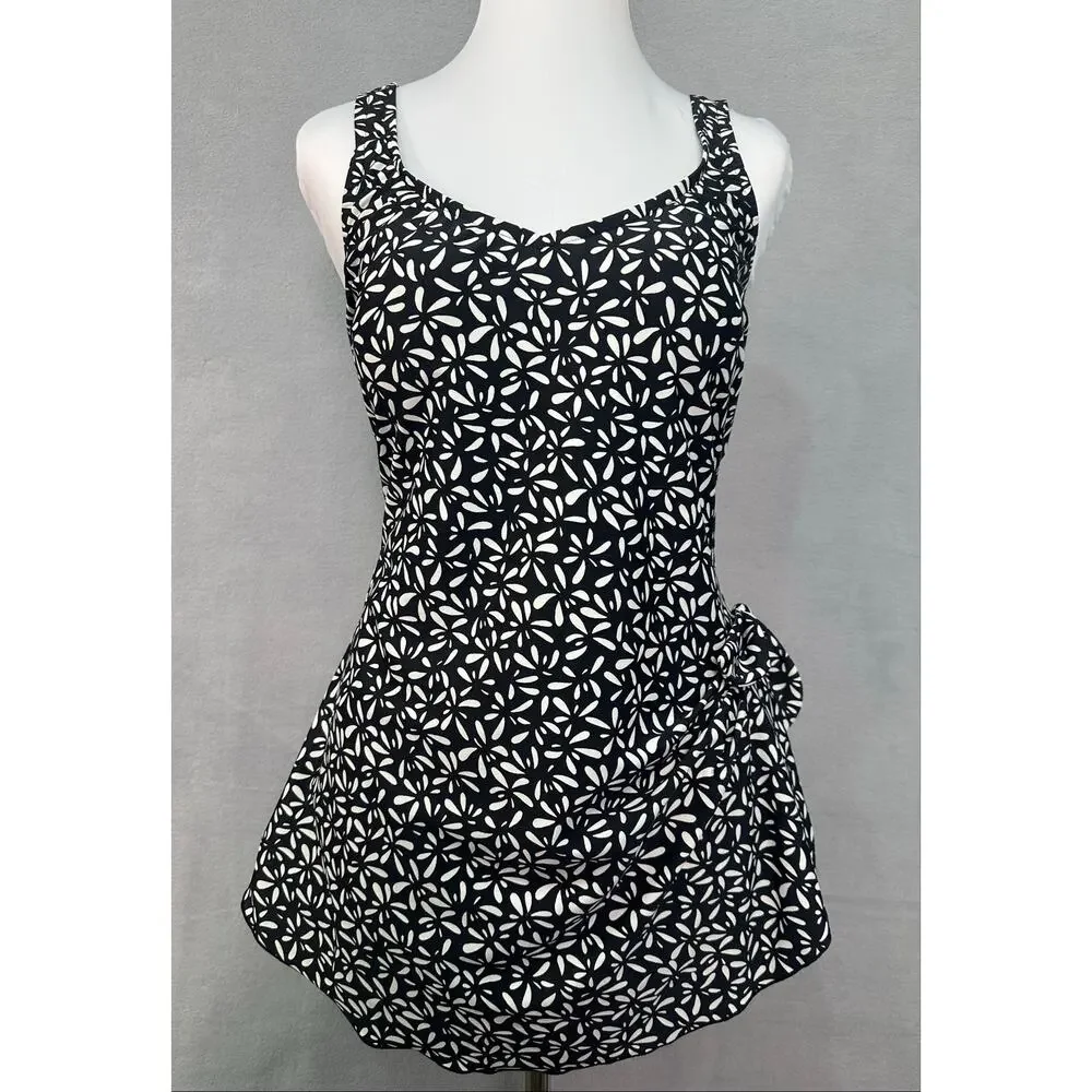 Maxine Black & White Abstract Floral Swim Dress One Piece Plus Size 16W